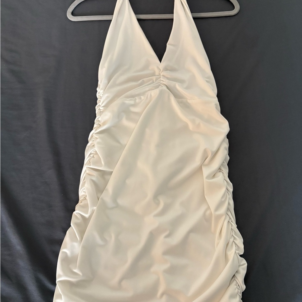 SHEIN Cream Ruched Midi Dress